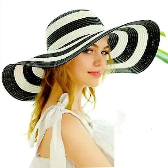 SUPER CHIC Striped Wide Brim UV Protection Summer Beach Sun Hat Adjustable - Picture 1 of 11